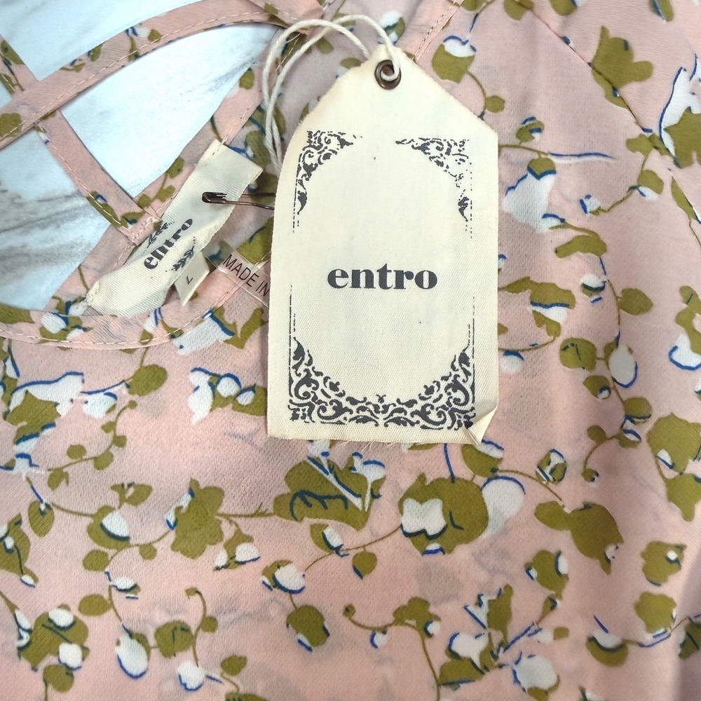 Entro Pink Floral Bell Sleeve Strappy V-Neck Pleated Blouse Top T6341 New L - Picture 5 of 8